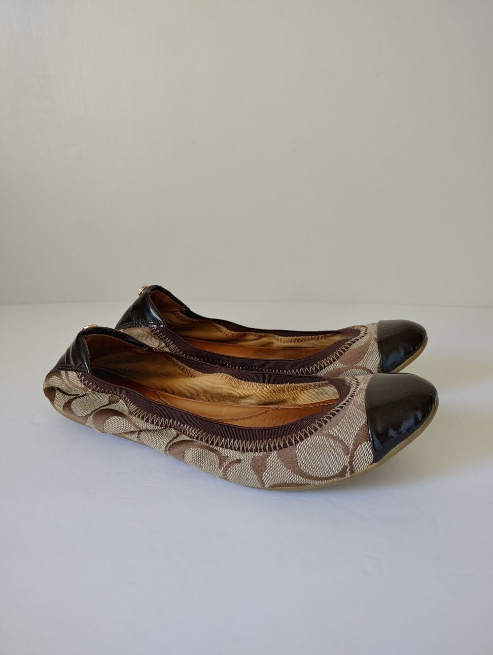 Coach Wanda Monogram Ballet Flats Jacquard Canvas Patent Leather Toe Size 6